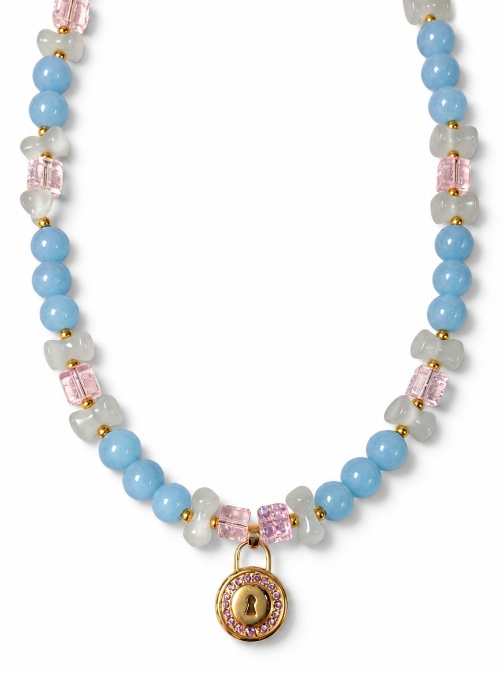 8 mm Aquamarine & Cat’s Eye Bow Necklace — 17″